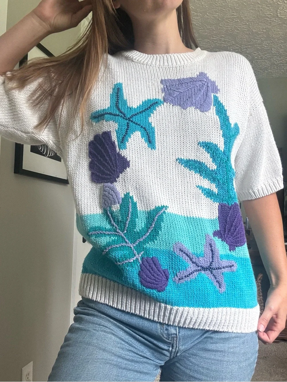 Vintage Short Sleeve Knit Sweater - White with Teal & Purple Shell Motif
